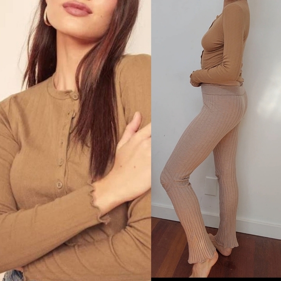 Reformation Nisa camel tan pointelle button down top xs - Picture 3 of 5